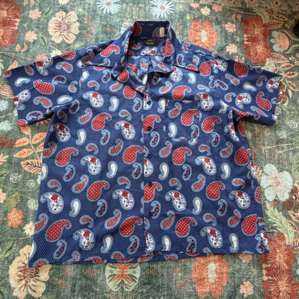Vintage Towncraft JCPenney Penn Prest Paisley Polka Dot Shirt Blue Red Mens XL